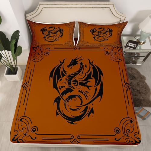 Feelyou Black Dragon Fitted Sheet Queen Size for Kids Boys Girls Boho Damask Bed Sheets Set 16" Deep Pocket Soft Breathable Microfiber Boho Floral Bedding with 2 Pillowcases Vintage Room Decor - color: Amber, size: Queen