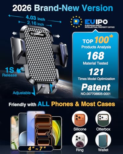 [True Military-Grade] Car Phone Holder VANMASS [Upgraded Strongest Suction&Clip] Cell Phone Mount for Dashboard Windshield Vent Kit, Truck Cradle Stand for iPhone 17 Pro Max 16 15 14 Android,Ink Black - color: Ink Black