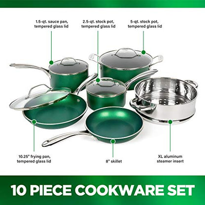 Granitestone Diamond Granite Stone Classic Emerald Pots and Pans Set with Ultra Nonstick Durable Mineral & Diamond Tripple Coated Surface, Stainless Steel Stay Cool Handles, 10 Piece Cookware, Green… - color: Emerald Green