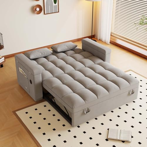 65" Foldable RV Love Seat Sofa, Modern Velvet Pull Out Couch with Table Board and UAB, Convertible Love Seat Sofa Bed with Adjustable Back and Pillow for Living Room, Small Spaces(Light Gray, 2 Seat) - color: Light Gray, size: 2 Seat
