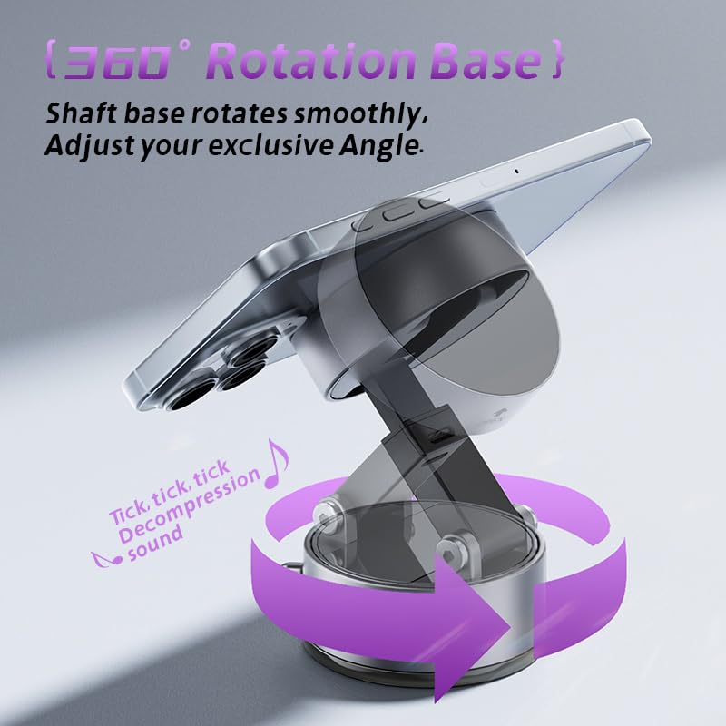 Magnetic Car Phone Holder Mount, Vacuum Suction Cup Phone Mount for Dashboard Windshield, 360 Rotatable MagSafe Car Mount for iPhone, Hands-Free GPS Navigation for Drivers, Office Desk