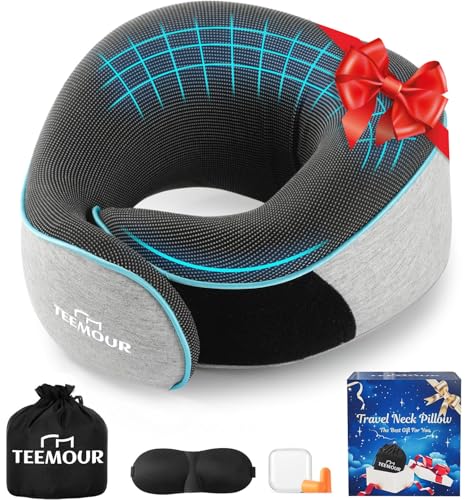 Travel Pillow-Neck Pillows for Airplanes, Memory Foam Travel Neck Pillow for Long Flights|Airport Travel Essentials 360° Support Gifts for Travellers With Eye Mask & Earplugs, Portable Carry Bag - color: Light Grey (Medium Size)