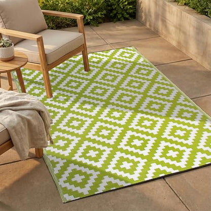FH Home Outdoor Rug - Waterproof, Fade Resistant, Reversible - Premium Recycled Plastic - Geometric - Large Patio, Deck, Sunroom, Camping, RV - Aztec - Green & White Crease Free - 6 x 9 ft - color: Aztec - Green & White, size: 6' x 9' (Rectangular)