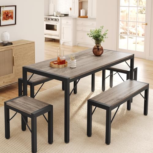 Gizoon 63" Dining Room Table Set for 6, Kitchen Table with 2 Benches and 2 Stools, Dining Table Set with Metal Frame, Space-Saving Kitchen Table Set for Apartment, Grey - color: Grey, size: seat for 6