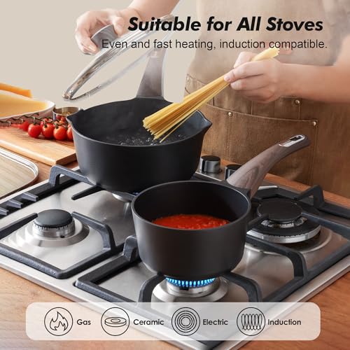 SENSARTE 1.5 & 2.5 Quart Sauce Pan Sets with Lid, Cooking Pots Set, Nonstick Saucepan Set with Pour Spout, Small Kitchen Pot, Non toxic Saucepot, Induction Comptable, Easy to Clean, PFOA Free - color: Classic Black, size: 1.5 + 2.5 Quarts