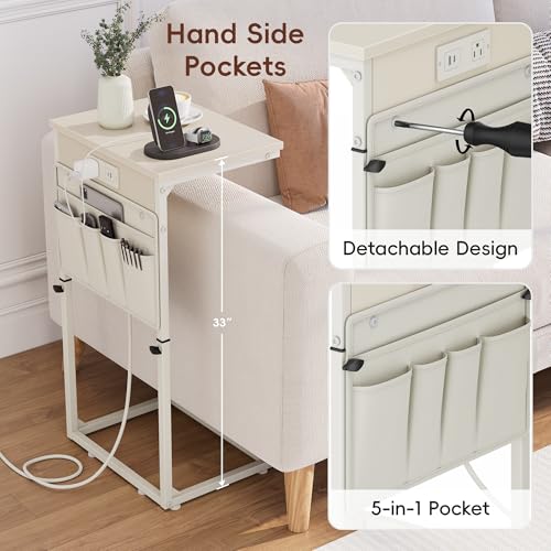 Vagusicc C-Shaped End Table with Charging Station, Small Side Table for Couch, 33" Tall C Table Adjustable Height Side Table, Couch Tables that Slide Under, Sofa Table TV Tray for Living Room, Cream - color: 1pc Cream White