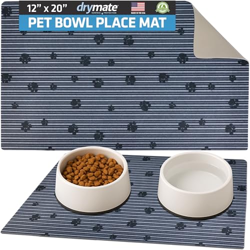 Drymate Pet Bowl Placemat, Dog & Cat Food Feeding Mats, 12x20, Black Paw | Absorbent Fabric, Waterproof Backing, Slip-Resistant, Machine Washable, Contains Spills & Mess, Protects Floors, USA Made - color: Grey Stripe Black Paw, size: 20"L x 12"W