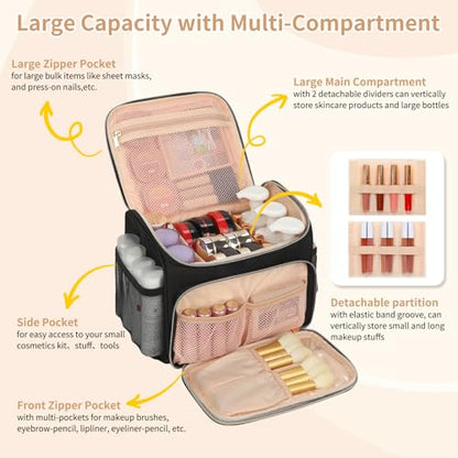 CUBETASTIC Travel Makeup Bag, Large Makeup Case Organizer, Cosmetic Storage | Multi-Pockets, Separate Makeup Brush Compartment, Premiun Metal Two Way Zipper, Portable Handle, Breathable Mesh - color: Black