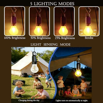 Solar Camping Lantern, Portable LED Camping Light with Light Sensor, USB Rechargeable Tent Light, Dusk to Dawn Waterproof Hanging Emergency Light for Outdoor Hiking Backpacking Patio Warm White 2 Pack