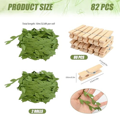 80PCS Mini Clothespins with Leaf Ribbon for Photo, 2pcs 33ft Artificial Greenery Vine and Wood Picture Clips, Hanging Photo Display for Wild Jungle Baby Shower Wedding Birthday Party Decor