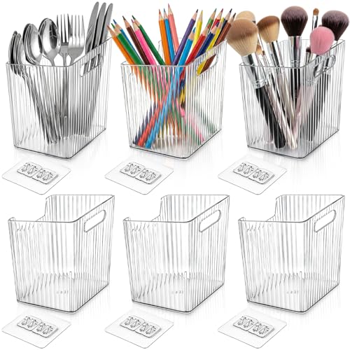 WRINGKIT 6 Pack Wall Mount Storage Bins, Plastic Clear Shower Basket Caddy with Self-Adhesive Hooks, Stackable Hanging Bin Basket Organizer Holder for Cabinet, Kitchen, Bathroom, Pantry, Under Sink