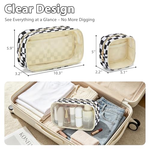 Fammart Clear Travel Makeup Bag for Women, TSA Approved Checkered Cosmetic Bag Make Up Car Organizer Case with Zipper, Large Waterproof Pouch Purse Toiletry Bag for Skincare, Brushes Travel Essentials - color: Clear, 2PCS - Black Checkered