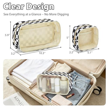 Fammart Clear Travel Makeup Bag for Women, TSA Approved Checkered Cosmetic Bag Make Up Car Organizer Case with Zipper, Large Waterproof Pouch Purse Toiletry Bag for Skincare, Brushes Travel Essentials - color: Clear, 2PCS - Black Checkered
