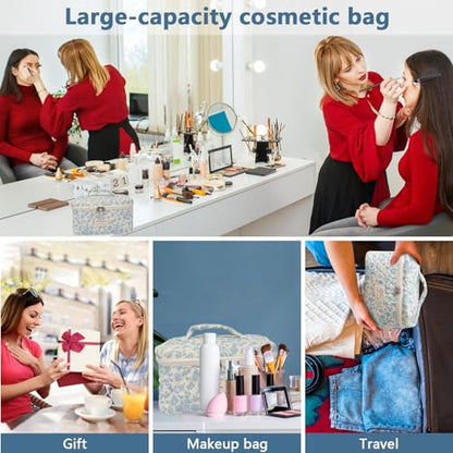 Gosect Large Makeup Bag, Cute Cosmetic Bag for Women Girls, Floral Coquette Aesthetic Toiletry Bag, Travel Make Up Organizer Bag ((White Butterfly Flower)) - color: 024White Butterfly Flower