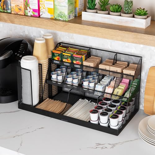 Mind Reader Cup and Condiment Station, Breakroom Countertop Organizer, 3-Tier Storage for Office Coffee Stations and Shared Spaces, Metal Mesh, Black - color: Black Metal