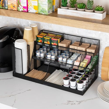 Mind Reader Cup and Condiment Station, Breakroom Countertop Organizer, 3-Tier Storage for Office Coffee Stations and Shared Spaces, Metal Mesh, Black - color: Black Metal