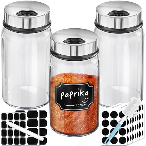 Segarty Spice Jars Set, 3 Pack 6 oz Glass Spice Jar with Labels, Seasoning Bottles Set with 136 Blank Stickers, 1 Chalk Marker, 1 Brush, Salt and Pepper Shakers with Ajustable Holes Lids - size: 7oz / 200ml