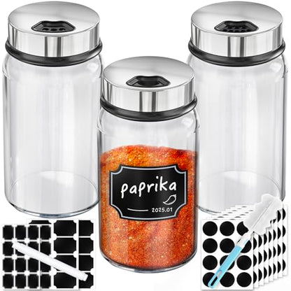 Segarty Spice Jars Set, 3 Pack 6 oz Glass Spice Jar with Labels, Seasoning Bottles Set with 136 Blank Stickers, 1 Chalk Marker, 1 Brush, Salt and Pepper Shakers with Ajustable Holes Lids - size: 7oz / 200ml