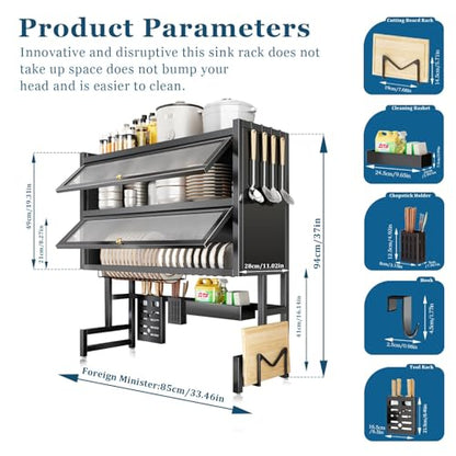 4-Tier Dish Drying Rack with Cover – Above Sink Kitchen Storage Rack, Large Space-Saving Shelf for Dishes, Glasses, Bowls & Cutlery, Black (W-38'') - size: W-38''