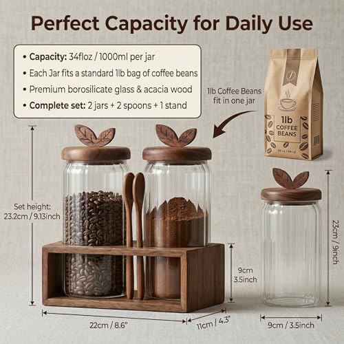 Coffee Bar Glass Canister Set of 2, Airtight Glass Storage Jars with Acacia Wood Lids, Spoons and Organizer Tray for Coffee Beans, Sugar, Tea and Kitchen Counter (2 x 34floz)