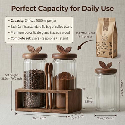 Coffee Bar Glass Canister Set of 2, Airtight Glass Storage Jars with Acacia Wood Lids, Spoons and Organizer Tray for Coffee Beans, Sugar, Tea and Kitchen Counter (2 x 34floz)