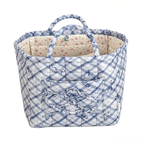 Storage Basket Boho Fabric Large Collapsible Floral Laundry Nursery Hamper Portable Folding Storage for Clothes Toys (Blue Bow) - color: Blue Bow