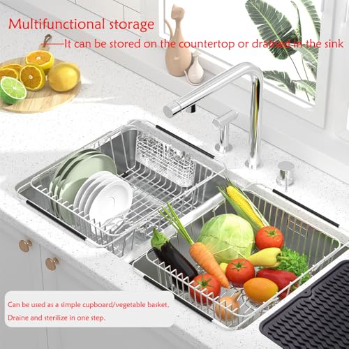 NiuYichee Stainless Steel Dish Drying Rack(14.2"L x 9.5"W x 4.1"H), Expandable Fruit & Vegetable Drain Rack over Sink, Dish Drainer Rack in Sink, with Stainless Steel Utensil Holder & 16" Silicone Mat - size: Small【14.2" X 9.5"】