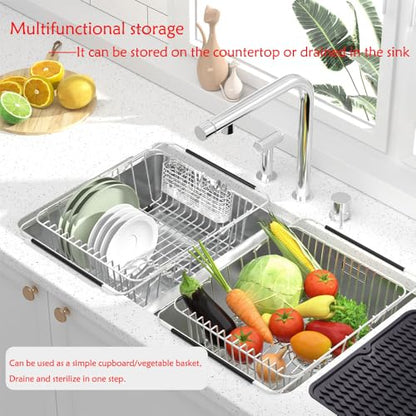 NiuYichee Stainless Steel Dish Drying Rack(15"L X 12.6"W X 4.7"H), Expandable Fruit & Vegetable Drain Rack over Sink, Dish Drainer Rack in Sink, with Stainless Steel Utensil Holder & Silicone Mat(16") - size: X-Large【15" X 12.6"】