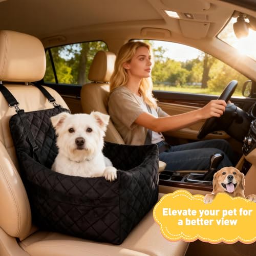 Dog Car Seat for S/M Dogs, Memory Foam Dog Booster Car Seat Up to 35lbs, Detachable Washable Pet Travel Bed with Side Pockets and 2 Safety Belts, Easy to Install (Black)