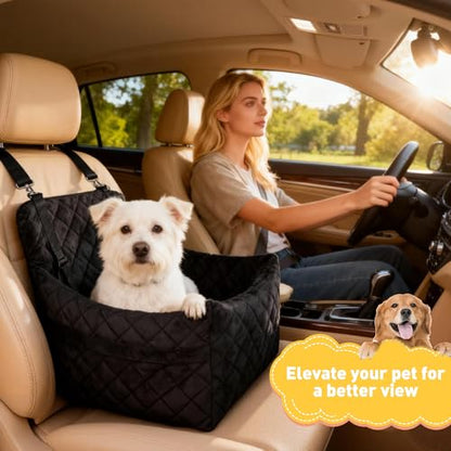 Dog Car Seat for S/M Dogs, Memory Foam Dog Booster Car Seat Up to 35lbs, Detachable Washable Pet Travel Bed with Side Pockets and 2 Safety Belts, Easy to Install (Black)