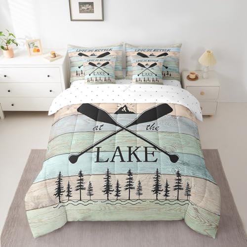 Erosebridal Lake House Decor Comforter Set Twin Size 7 Piece, Rustic Cabin Mountain Woodland Bedding Set with Sheet Set,Lake Paddle Fishing Reversible Bed in A Bag Farmhouse Decor - color: Black Green, size: Twin