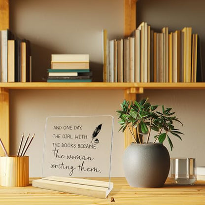 Writer Gifts for Women Men,the Girl With the Book Became the Woman Writing them Acrylic Sign for Home Office Desk Shelf - color: Purple