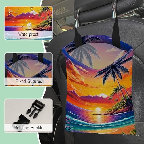 Beach Sunrise Car Garbage Bag,Palm Tree Waterproof Small Car Trash Bag Hanging Back of Seat,Drawstring Hanging Car Trash Bag with Adjustable Buckle for Car Accessories - color: Beach Sunrise