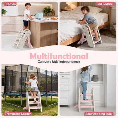 Onasti Foldable Step Stool for Kids & Toddlers, 3 Step Convertible to 2 Step with Handles, Training Stool for Bathroom Sink & Kitchen Counter, Non-Slip Stable Step Stool for Growing Children- Pink - color: Baby Pink
