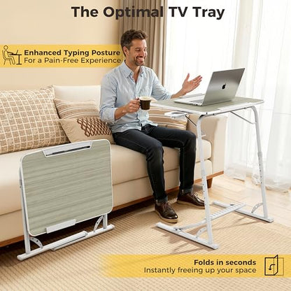 FoldWise Upgraded Folding TV Tray Table - Extra Large & Sturdy Laptop Table for Couch, Height & Angle Adjustable Desk for Dinner, Work & TV - Includes Footrest, Cup Holder, iPad Holder & Edge Stopper - color: (White) - Bright Wood