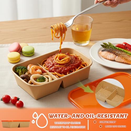 8 Pack 32oz Paper Lunch Box Bento Boxes, 2-Compartment Kraft Brown Paper Take Out Food Containers with Lids, Leakproof Microwave Safe, Disposable To Go Boxes for Picnics, Offices, Catering, Orange - color: Orange Lid & Kraft Brown Box