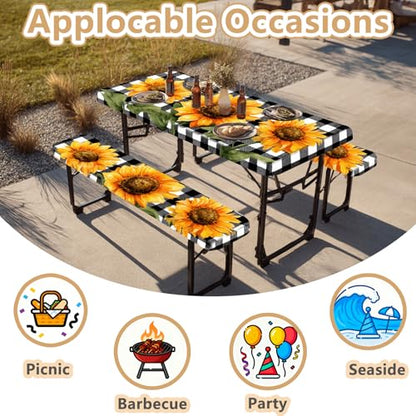 Picnic Table Cover with Bench Covers Elastic Edges, Outdoor Patio Camping Essentials 72 Inch 3PCS, Waterproof Camping Fitted Tablecloth with Handbags (Sunflower buffalo plaid) - color: Black checkered sunflowers, size: 72" x 30" (Rectangular)