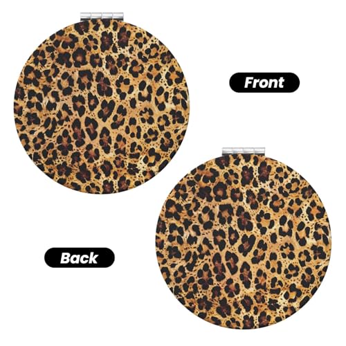 Cheetah Leopard Brown Print Foldable Travel Pocket Mirror Round PU Leather Portable Mini Makeup Double Sided Handheld Magnifying,2.6 in - color: Cheetah Leopard Brown