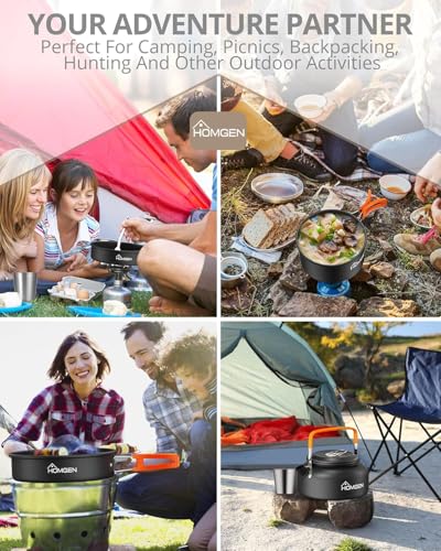 HOMGEN Portable Camp Cooking Set-Ultralight Anodized Aluminum Camping Cookware Set for 2 People with Nesting Non-Stick Frying Pot/Pan-800ml Insulated Teapot etc-Compact Backpacking Gear for Camping