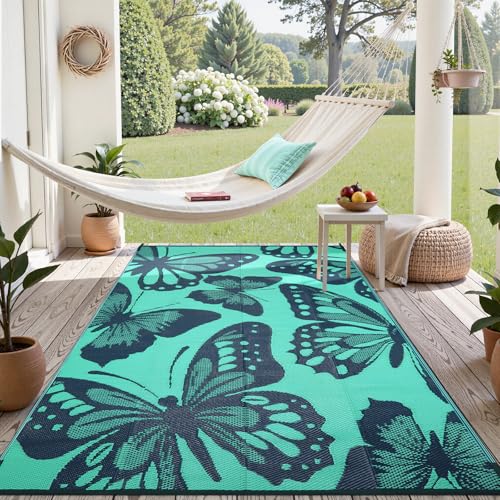 Uphome Outdoor Rug Waterproof 6x9 ft, Patio Plastic Straw Rugs for RV Camping, Reversible Butterfly Mat Outside, Indoor Outdoor Floor Carpet for Back Yard Deck Balcony Porch Beach Picnic, Teal - color: Teal, size: 6' x 9' (Rectangular)