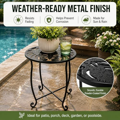 Outdoor Side Table 15 Inch Tall, Tool-Free Metal Patio End Table with Monstera Design, Space Saving Round Stand for Porch Balcony Garden (Monstera) - color: Monstera