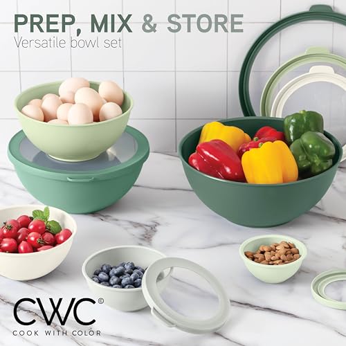 COOK WITH COLOR Mixing Bowls with TPR Lids - 12 Piece Plastic Nesting Bowls Set includes 6 Prep Bowls and 6 Lids - Microwave Safe (Sage) - color: Sage TPR Lids