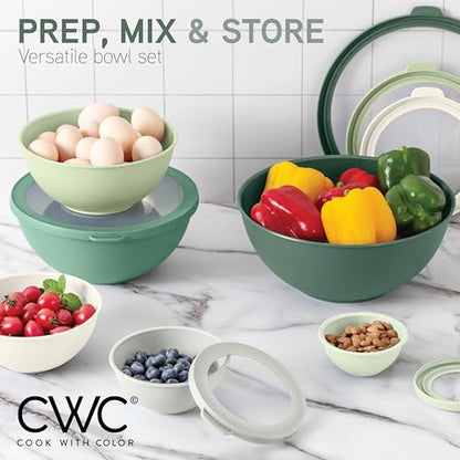 COOK WITH COLOR Mixing Bowls with TPR Lids - 12 Piece Plastic Nesting Bowls Set includes 6 Prep Bowls and 6 Lids - Microwave Safe (Sage) - color: Sage TPR Lids