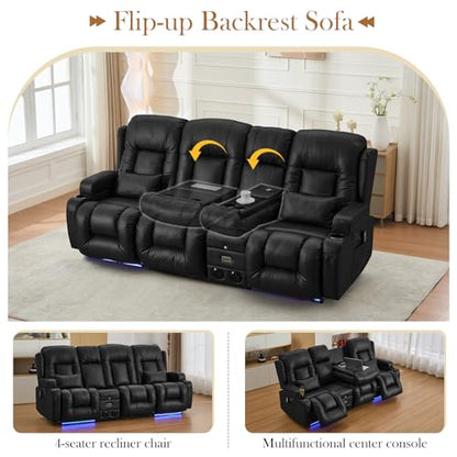 TUNYI Power Loveseat Recliner Sofa with Massage & Heat Home Theater Seating with Console RV Recliner Loveseat Sofa with USB/Storage/Side Pocket/LED Light/Speaker (Black, 3 Seat with Console) - color: Black, size: 3 Seat with console