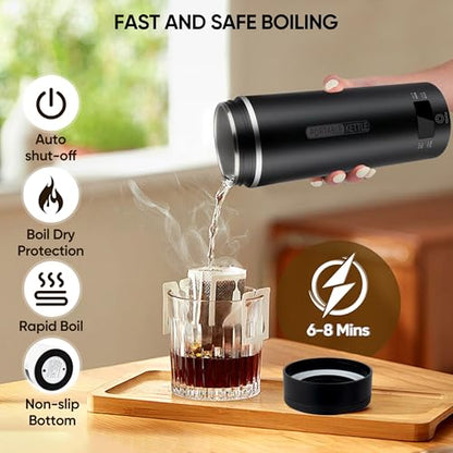 Travel Electric Kettle Portable Small Hot Water Boiling Tea Coffee Warmer Heater 450ML, 316 Stainless Steel, 4 Temperature Presets LCD Display Fast Boiler & Auto Shut-Off & Boil Dry Protection (Black) - color: Black