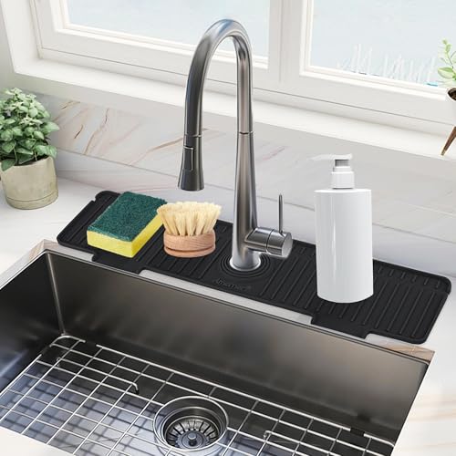 Kitchen Sink Splash Guard, 20 inch Silicone Faucet Guard & Draining Mat, 10° Large Slope Sink Faucet Mat Splash Guard, Bathroom Sink Organizer, Kitchen Sink Accessories Gadgets, 20 x 5.5”, Black - color: Black, size: 20 IN