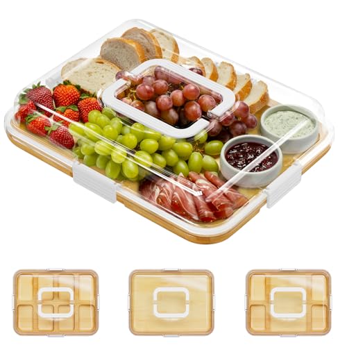 SpaceAid Charcuterie Board with Clear Lid, Portable Travel Cheese Cutting Boards for Picnic Accessories, Bamboo Serving Tray with Lids, House Warming Gifts, White Handles, 1 Compartments - color: White Handles, 1 Compartment