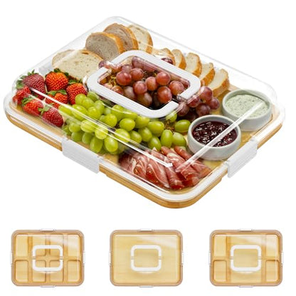 SpaceAid Charcuterie Board with Clear Lid, Portable Travel Cheese Cutting Boards for Picnic Accessories, Bamboo Serving Tray with Lids, House Warming Gifts, White Handles, 1 Compartments - color: White Handles, 1 Compartment