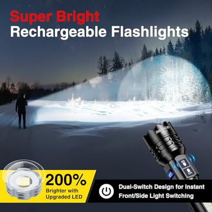 RECHOO Rechargeable Flashlights High Lumens 2 Pack, 7-Mode Dual-Switch Zoomable LED Flashlight with LCD Display, Super Bright Handheld Flashlights for Home, Camping, Emergency & Gifts for Men