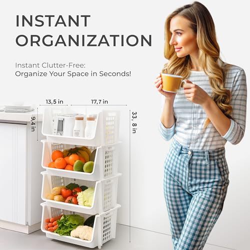 Large Stackable Storage Bins Open Front for Pantry Storage, 4 Pack - White | Sturdy Plastic, Easy Stacking, Open Front Access, Ventilated Sides, Vertical & Space Saving Pantry Organizers and Storage Bin